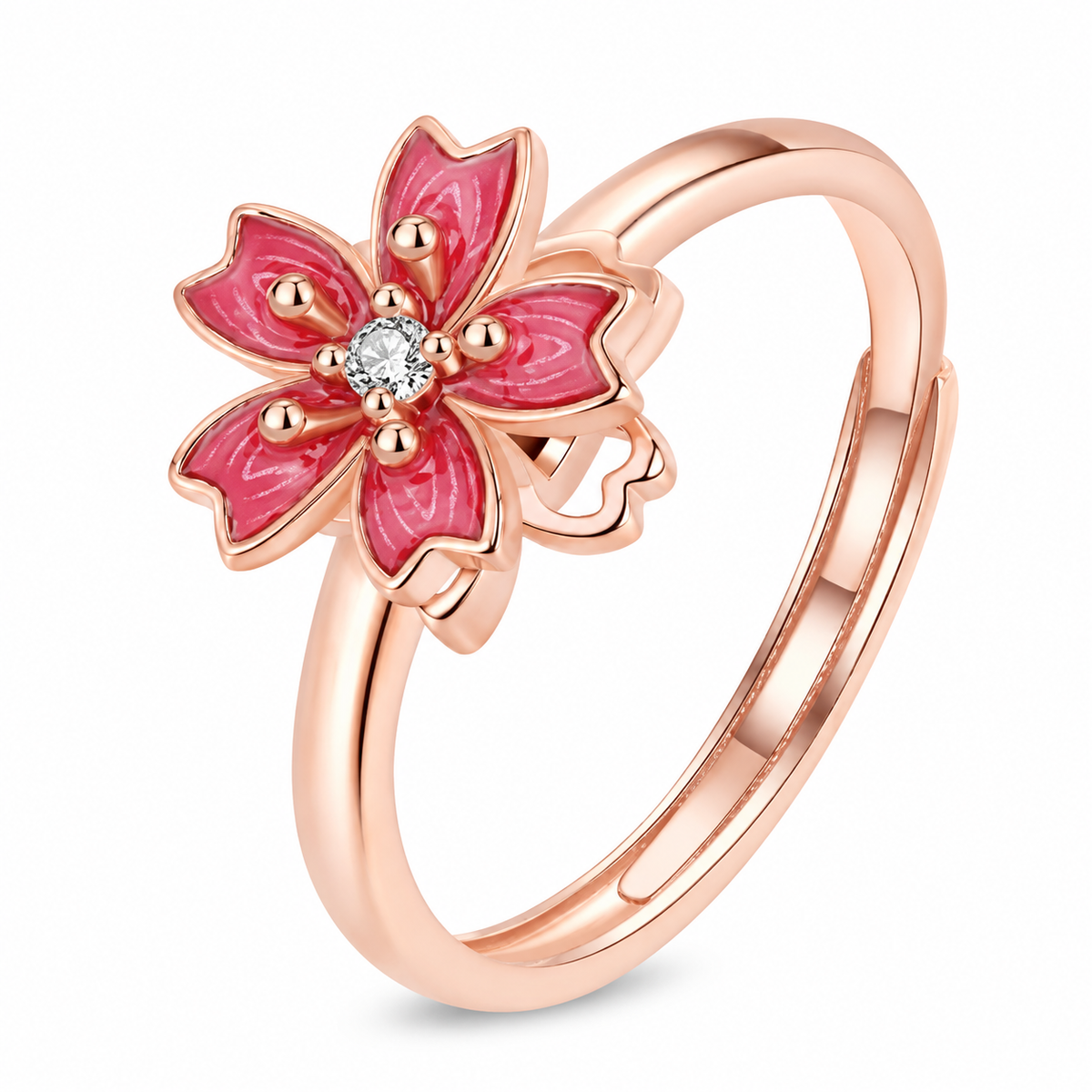 Bague anti-stress rotative Pétale Ardente, fleur de cerisier en émail rouge sur anneau rosé
