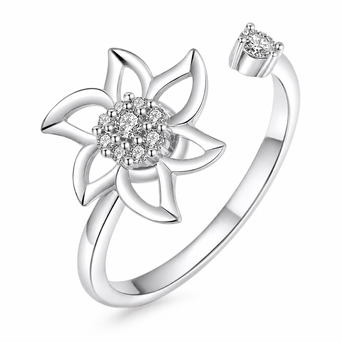 Bague anti-stress rotative Pétale Tranchante, fleur ajourée aux pétales effilés, cœur pavé