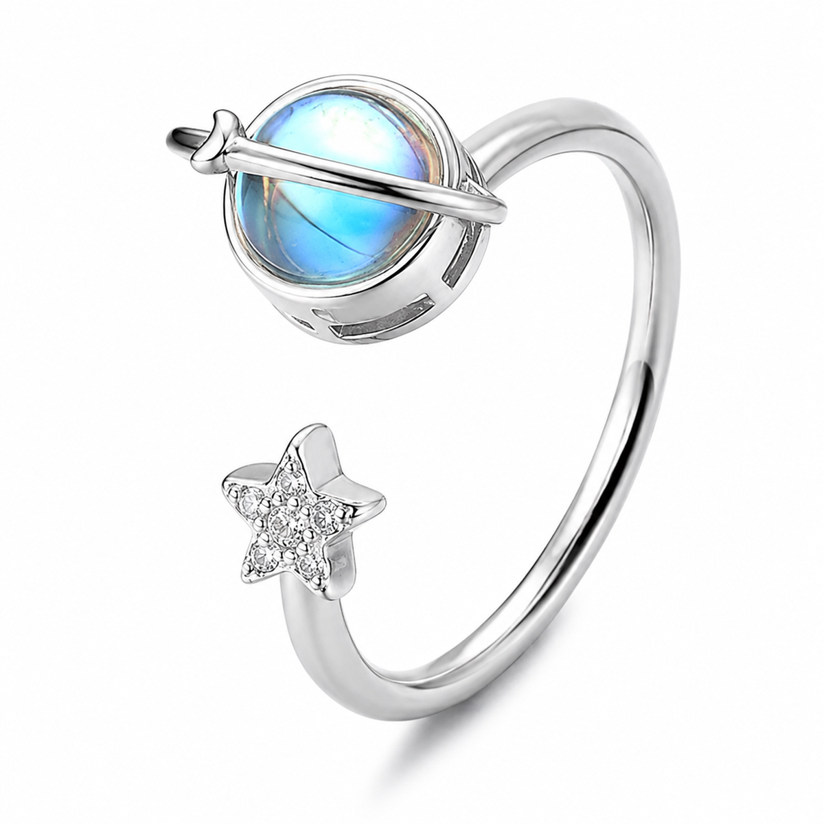 Bague anti-stress rotative Reflet Lunaire, lune en pierre aux reflets bleutés cerclée d’un anneau, étoile pavée