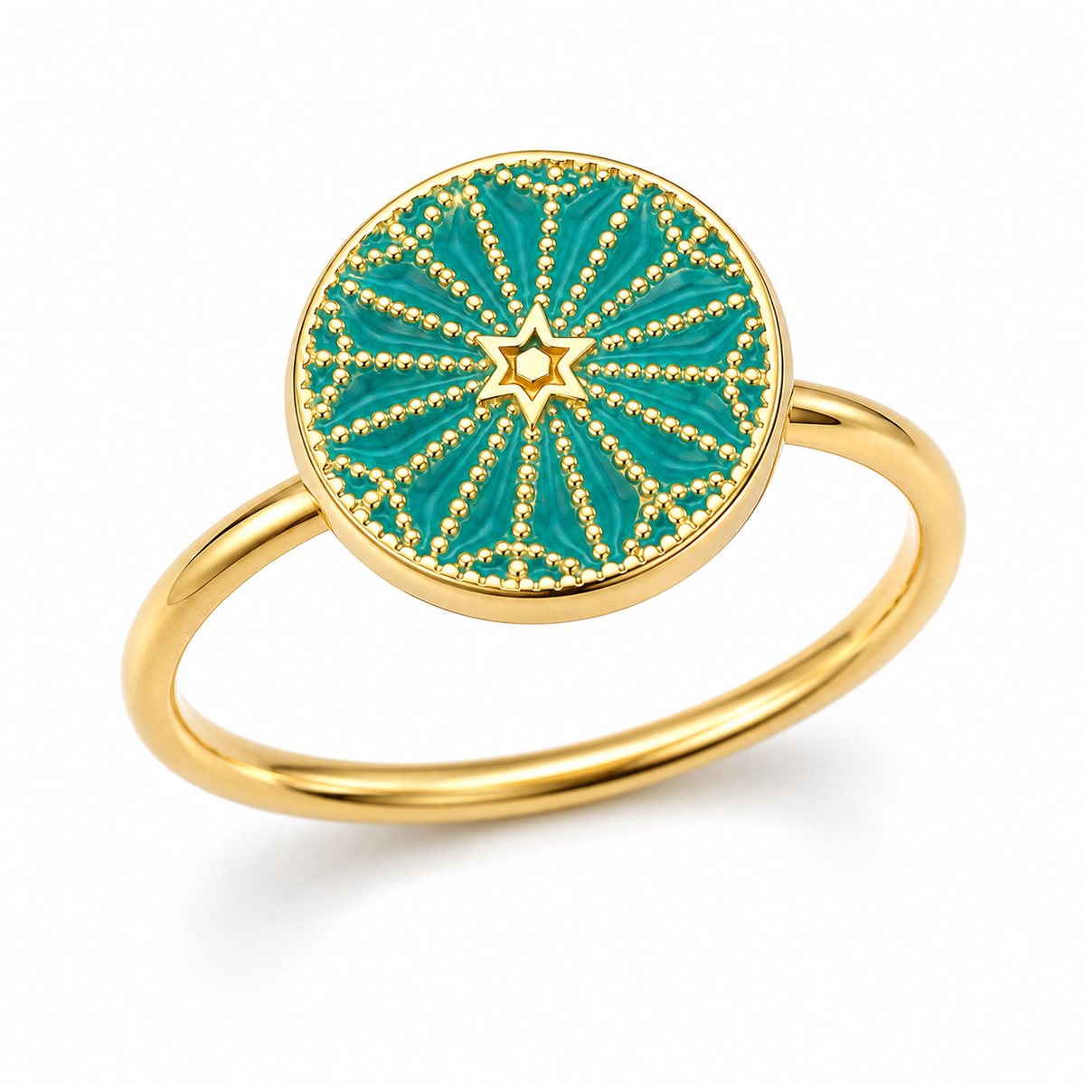 Bague anti-stress rotative Rosace, rosace en émail vert d’eau et étoile dorée