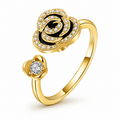 Bague anti-stress rotative Rose dorée, rose en émail noir ourlée de petites pierres, cœur serti