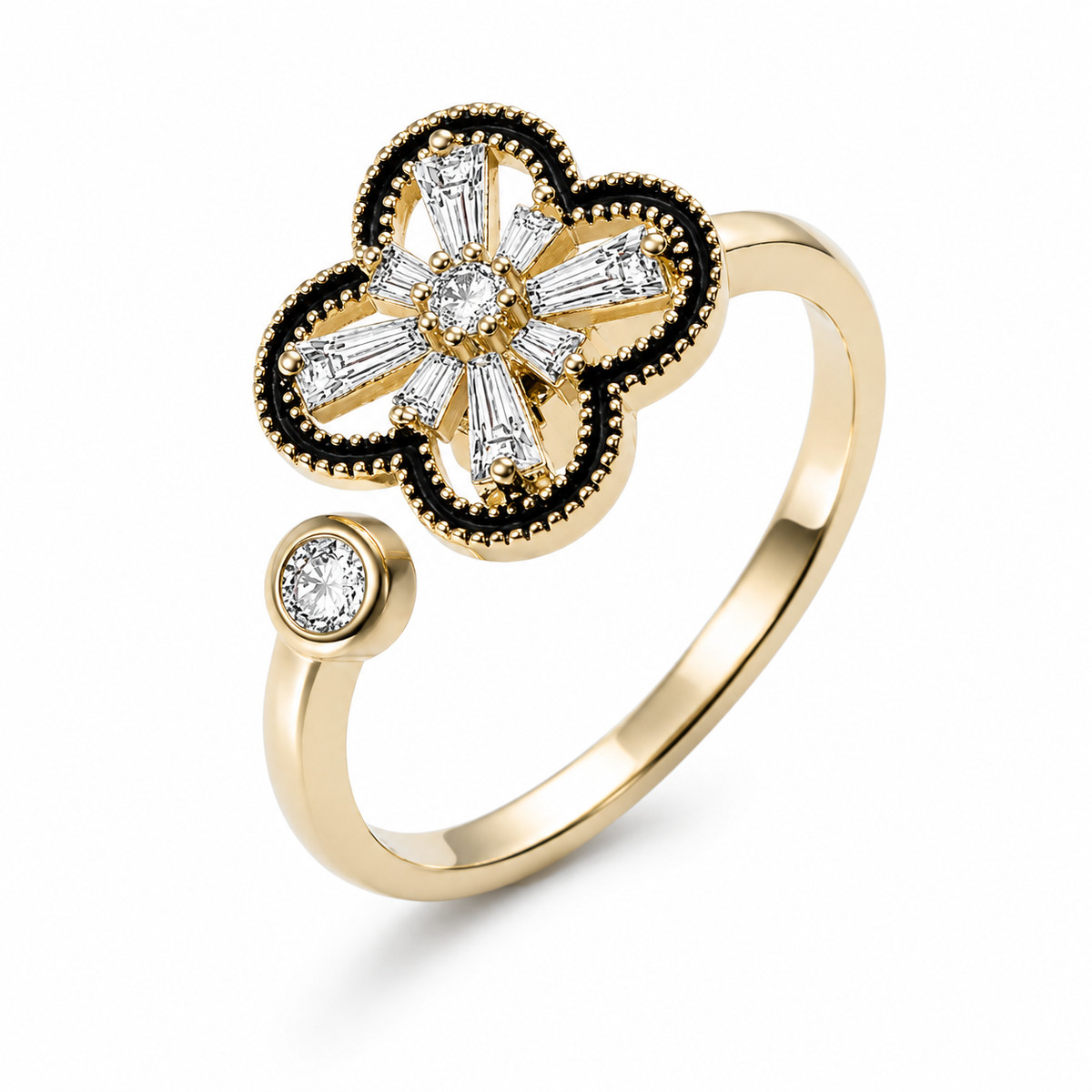 Bague anti-stress rotative Royale dorée, fleur cernée de noir et pierres taille baguette