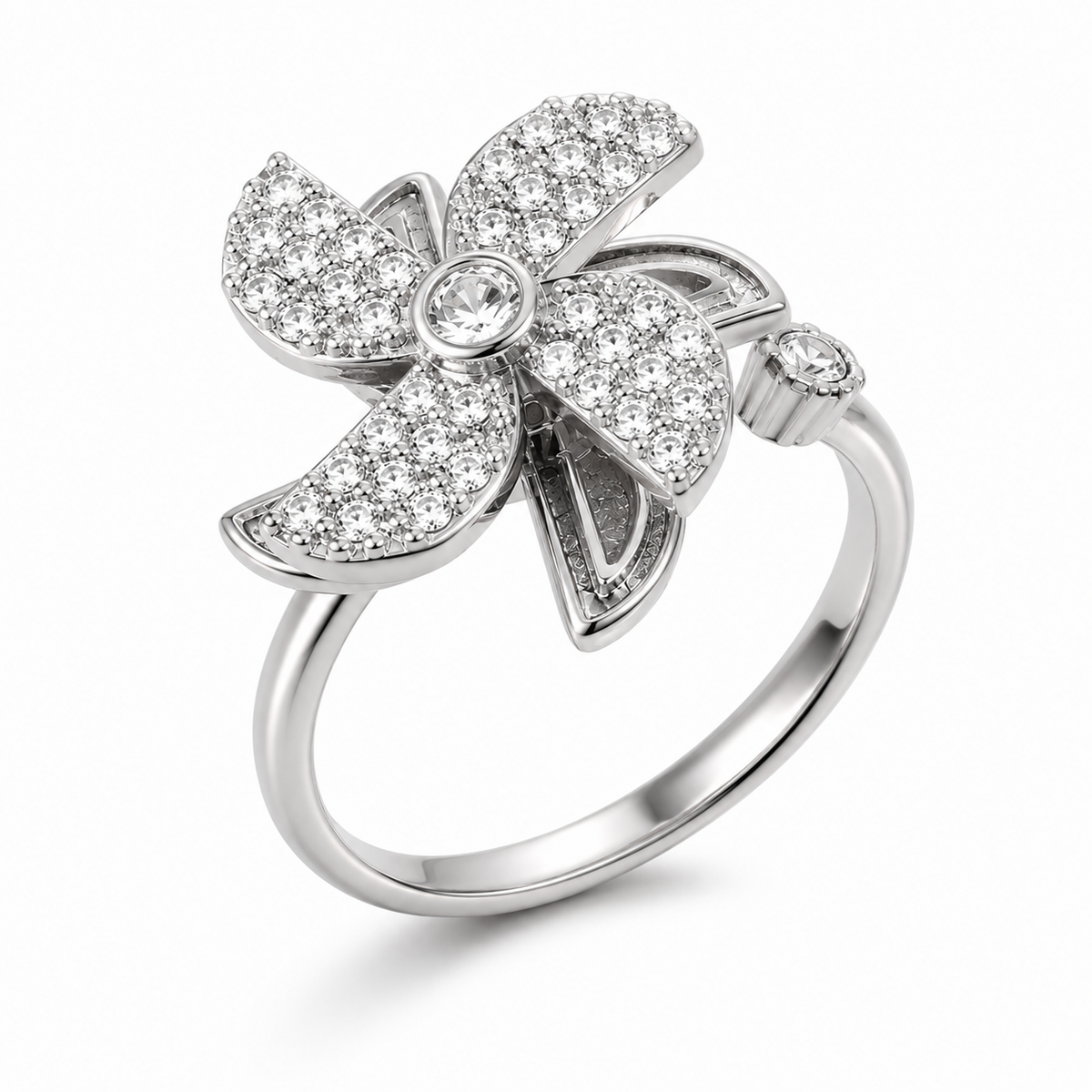 Bague anti-stress rotative Shuriken argentée, shuriken à quatre lames pavées de petites pierres