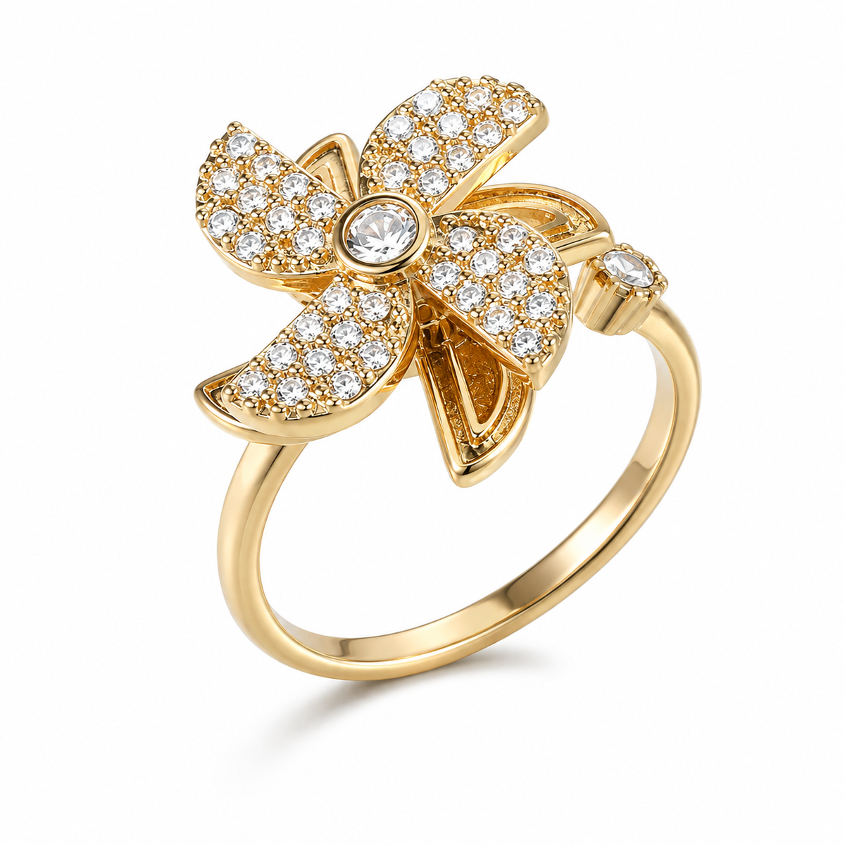 Bague anti-stress rotative Shuriken dorée, shuriken à quatre lames pavées de petites pierres
