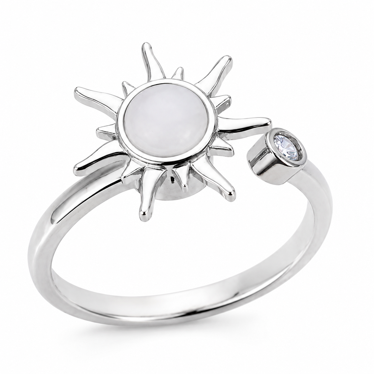 Bague anti-stress rotative Soleil Envoûtant argentée, soleil aux rayons ciselés et cabochon blanc