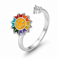 Bague anti-stress rotative Sunny Smile, soleil souriant aux rayons émaillés arc-en-ciel