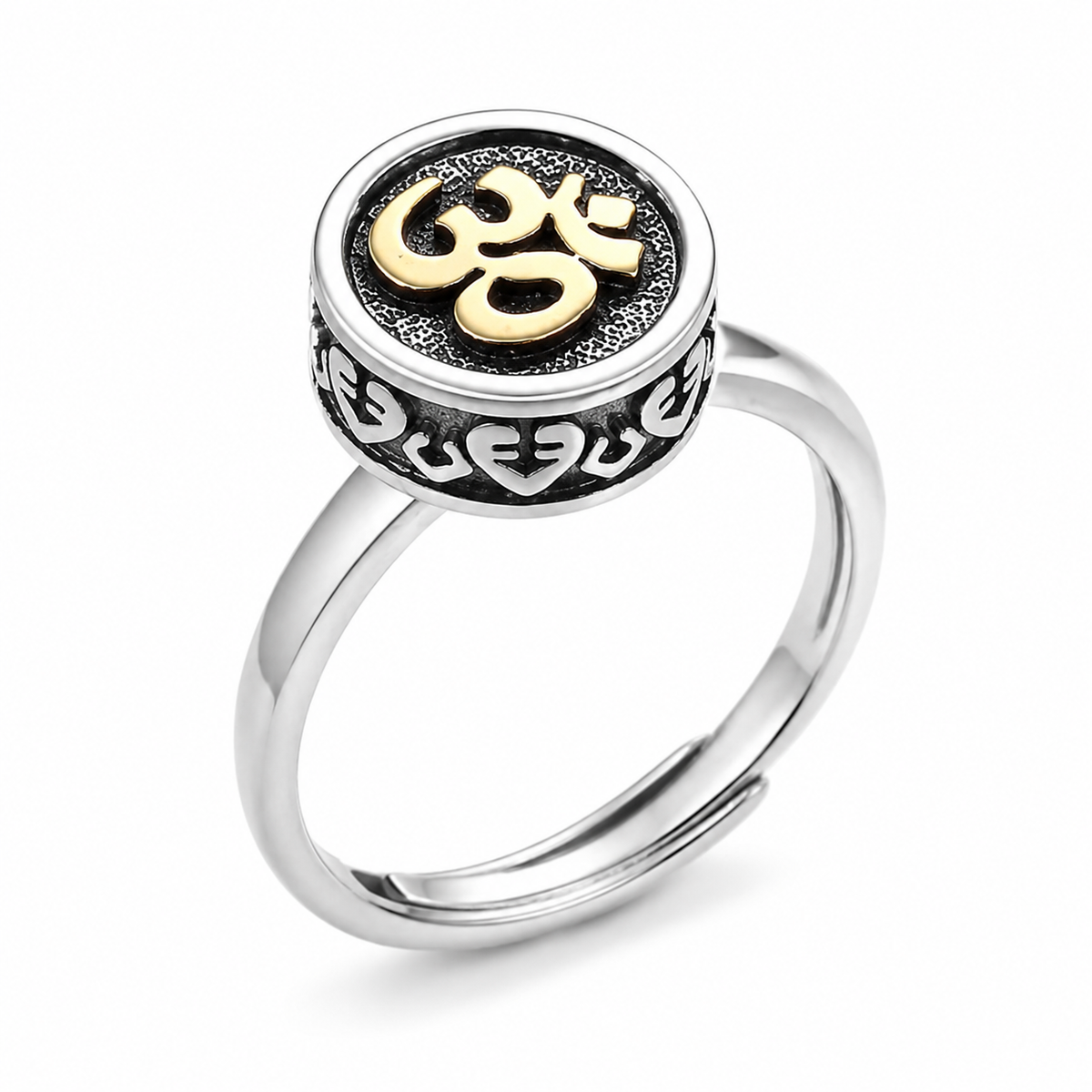 Bague anti-stress rotative Tibétain, cylindre argenté vieilli orné du symbole Om doré sur fond noir