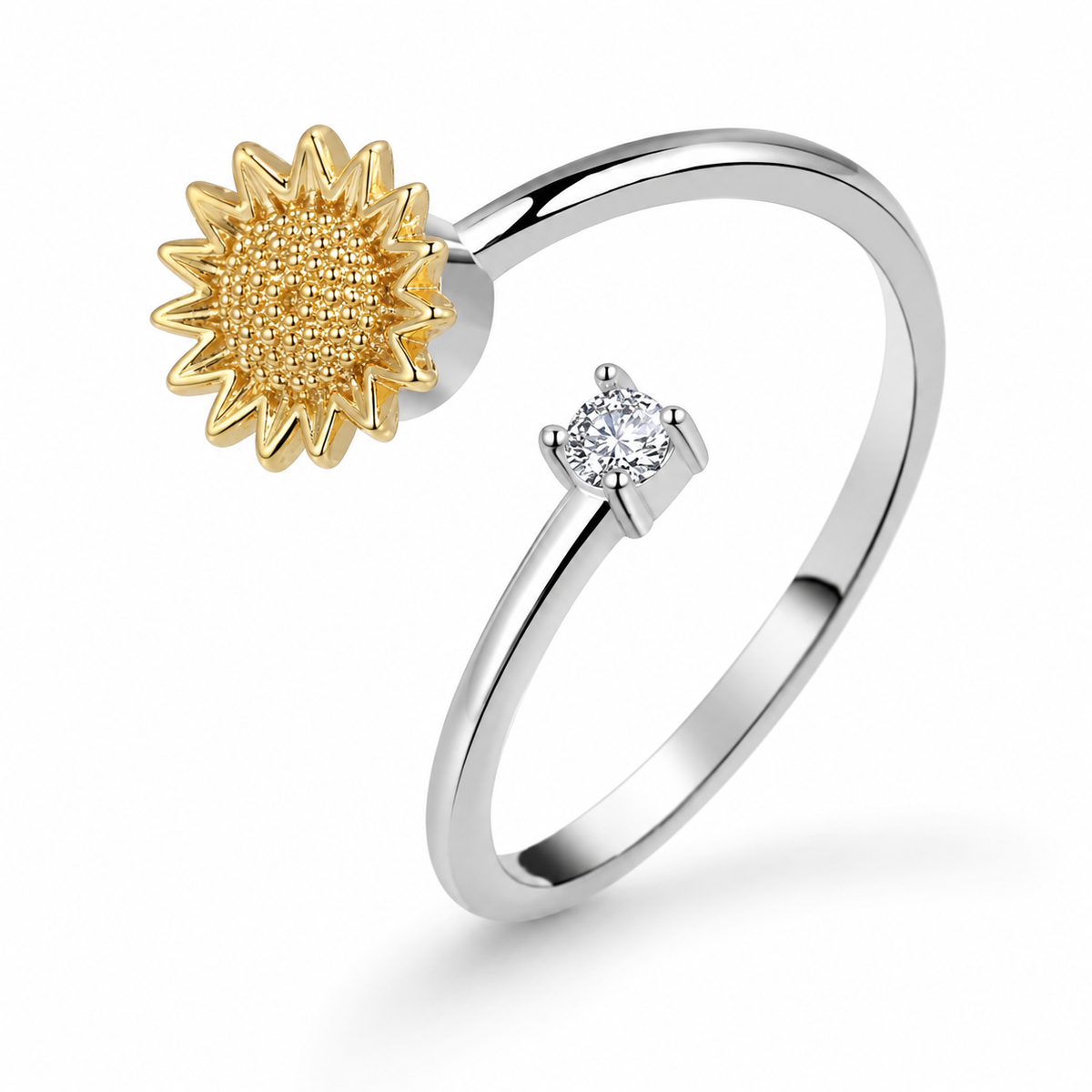 Bague anti-stress rotative Tournesol argentée, tournesol doré texturé et pierre ronde sertie