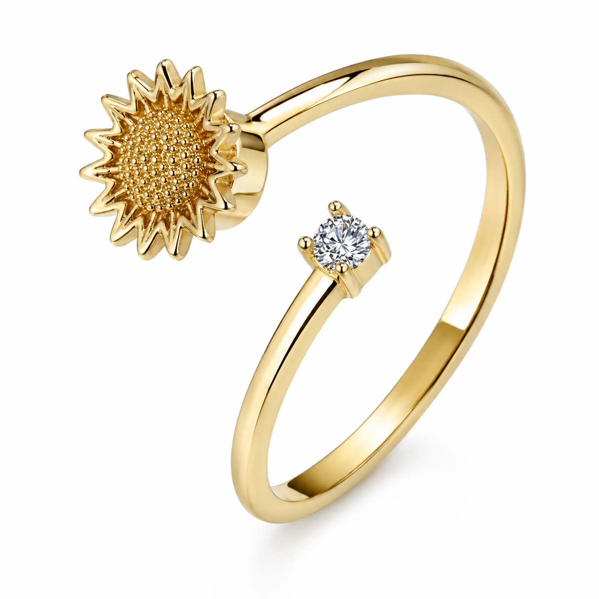 Bague anti-stress rotative Tournesol dorée, tournesol doré texturé et pierre ronde sertie