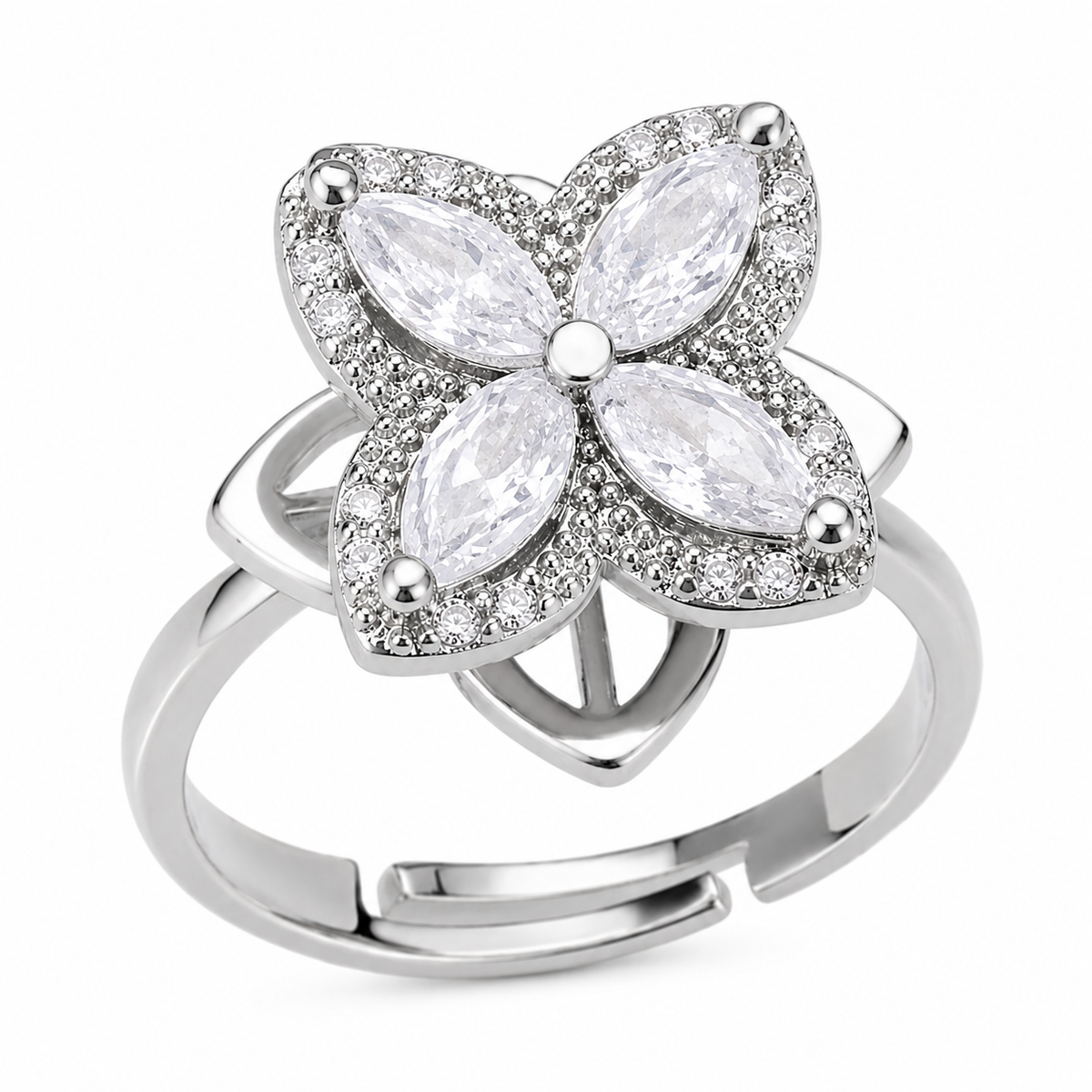 Bague anti-stress rotative Trèfle Céleste argentée, trèfle à quatre feuilles en pierres taille marquise