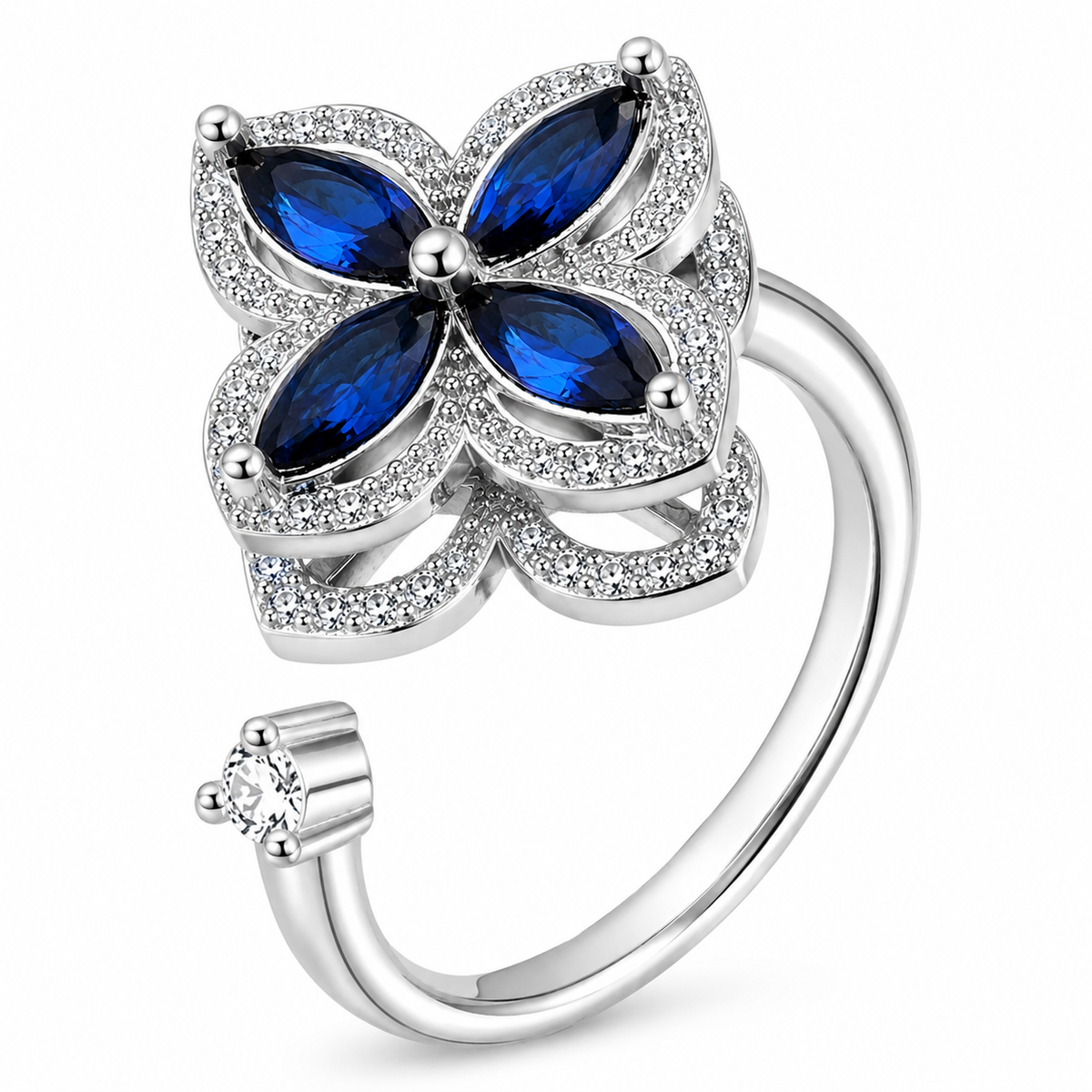 Bague anti-stress rotative Trèfle Galactique argentée, trèfle en pierres bleu nuit taille marquise, bordure pavée