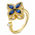 Bague anti-stress rotative Trèfle Galactique dorée, trèfle en pierres bleu nuit taille marquise, bordure pavée