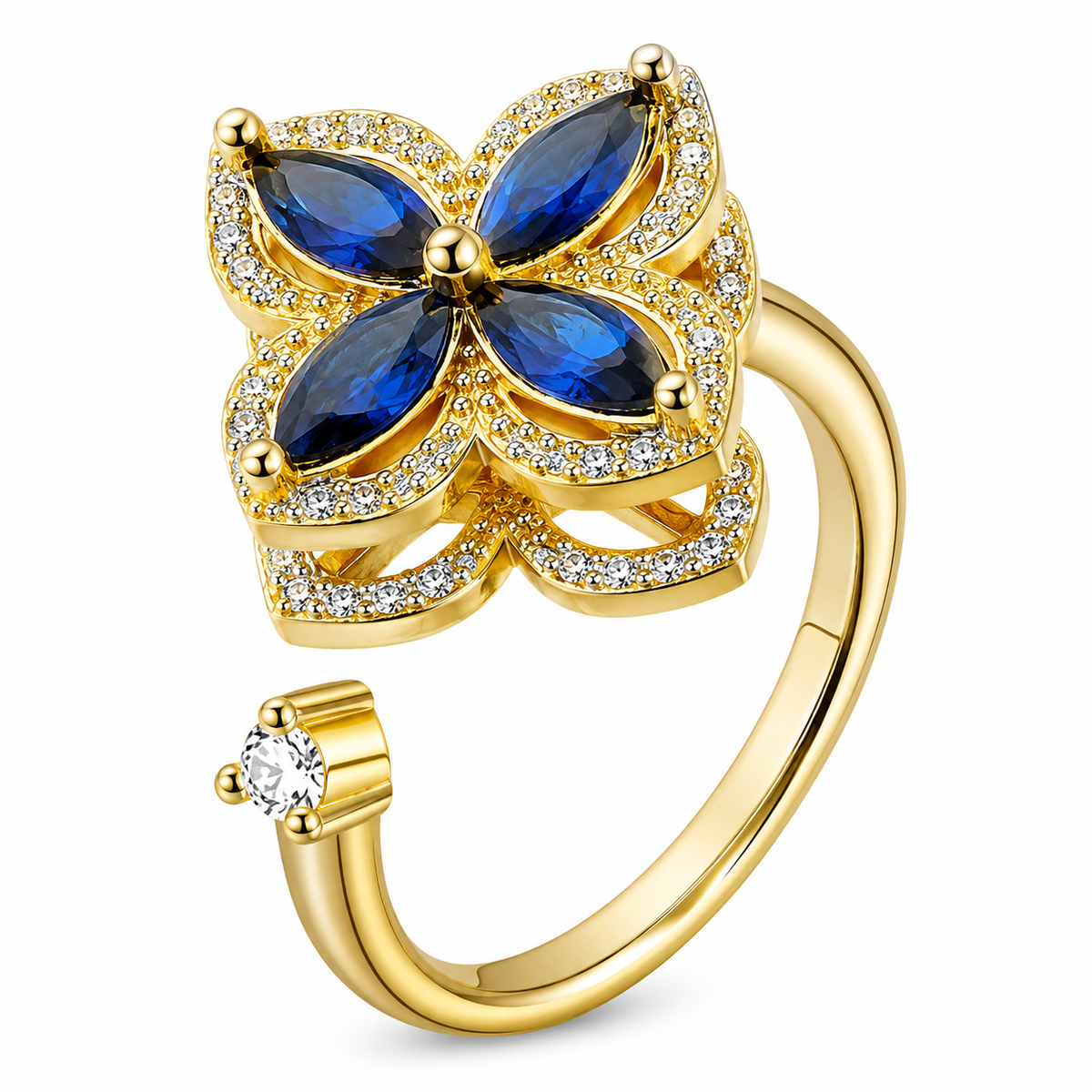 Bague anti-stress rotative Trèfle Galactique dorée, trèfle en pierres bleu nuit taille marquise, bordure pavée