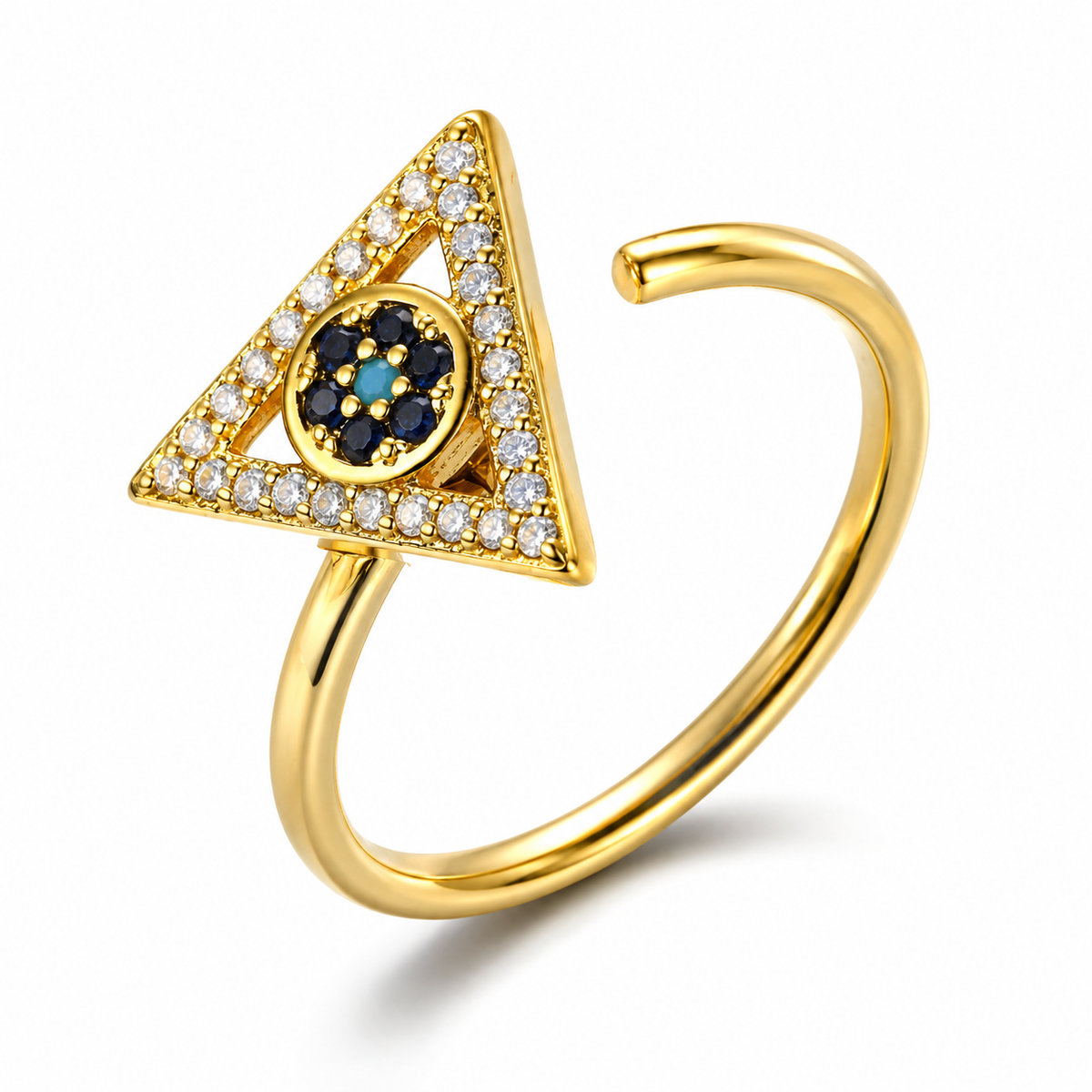 Bague anti-stress rotative Triangle Divin, triangle pavé et rosace de pierres bleu nuit