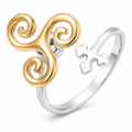 Bague anti-stress rotative Vague Déferlante, triskèle doré aux spirales en vagues, croix celte argentée
