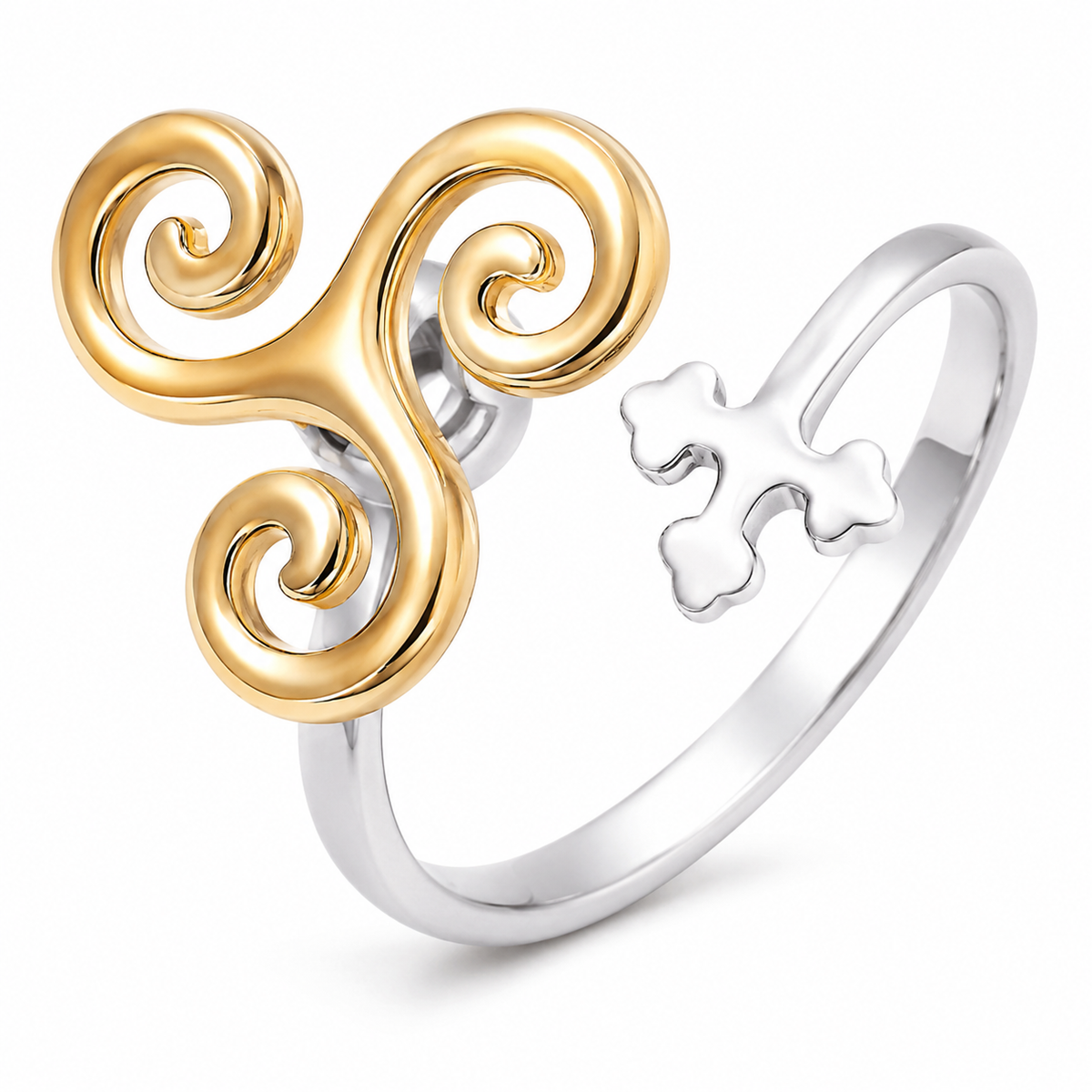 Bague anti-stress rotative Vague Déferlante, triskèle doré aux spirales en vagues, croix celte argentée