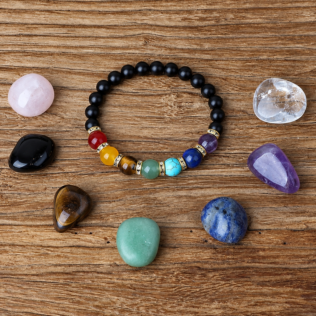 Bracelet 7 Chakras Equilibre, perles d’hématite et perles des sept chakras séparées de strass