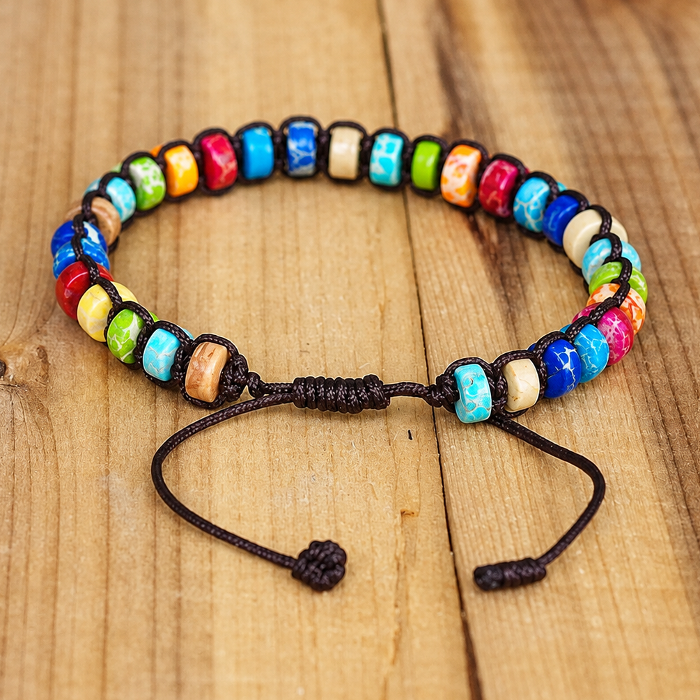 Bracelet 7 Chakras Tressé, perles rondelles multicolores sur cordon brun tressé