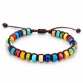Bracelet 7 Chakras Tressé, perles rondelles multicolores sur cordon brun tressé