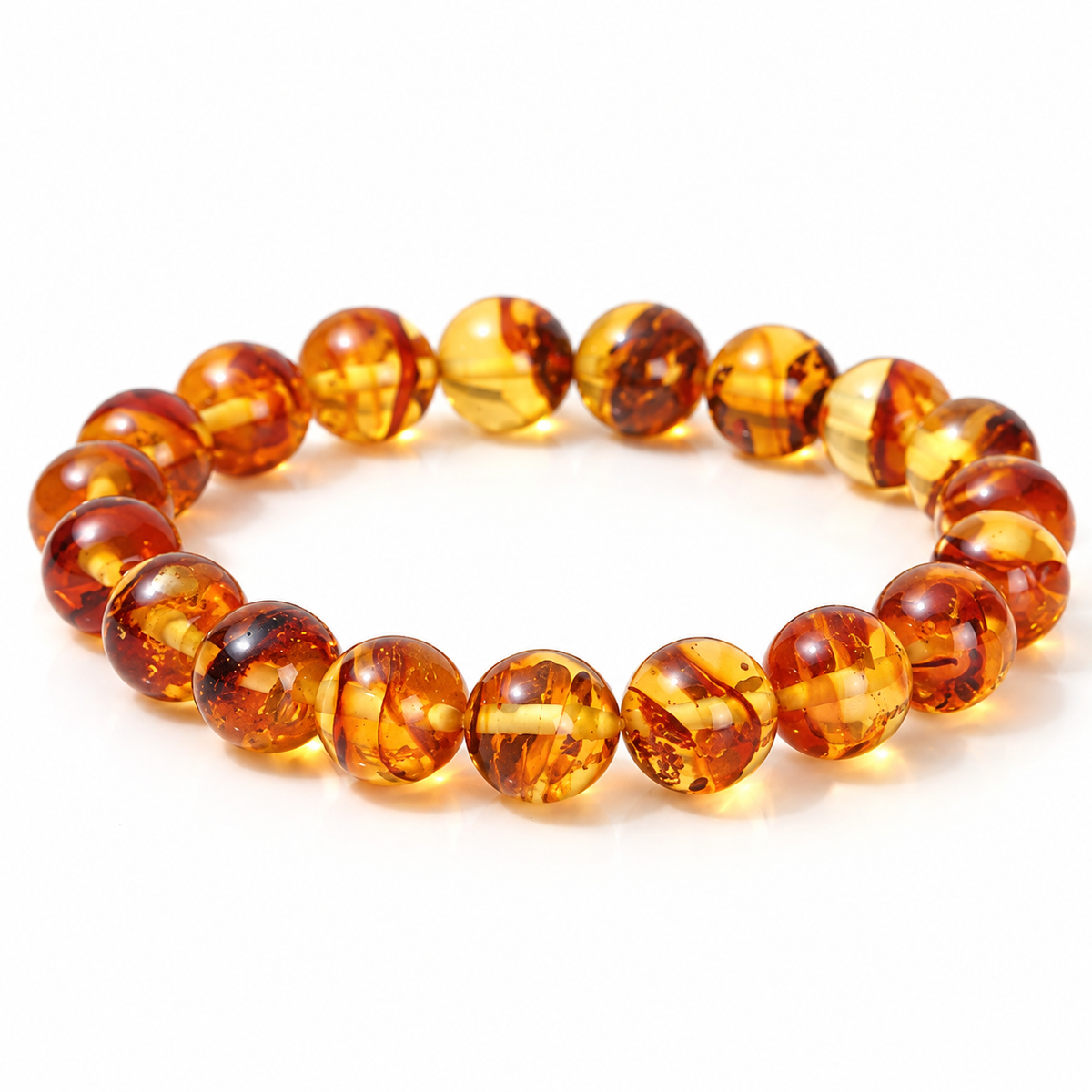 Bracelet Ambre Cire d'Abeille, perles rondes d’ambre couleur miel à inclusions