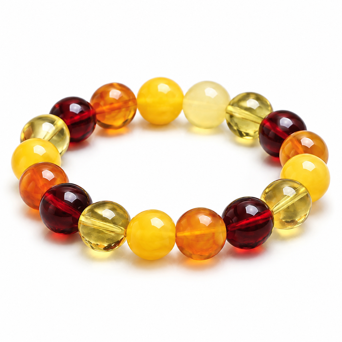Bracelet Ambre Multicolore, grosses perles d’ambre multicolores cerise, miel et jaune