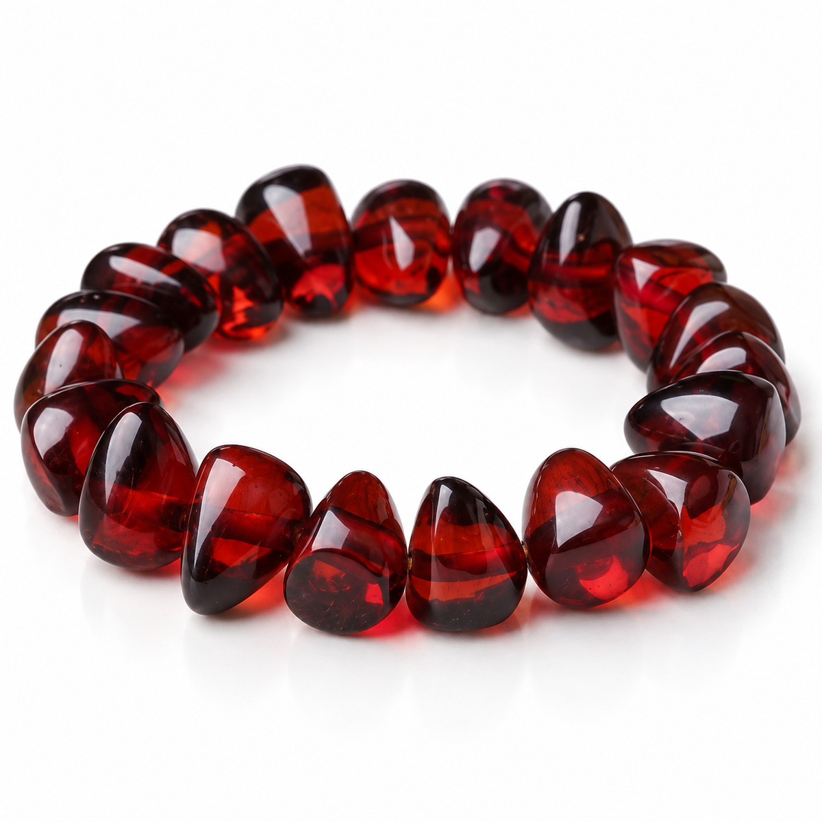 Bracelet Ambre Rouge, pépites d’ambre rouge cerise polies