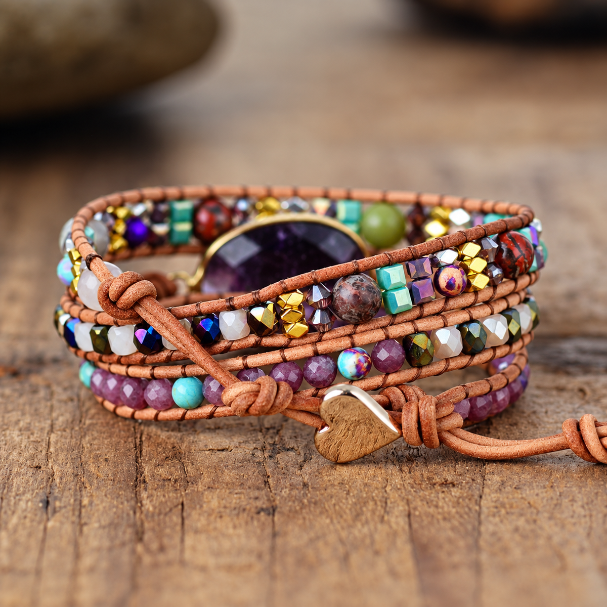 Bracelet Améthyste Bohème, bracelet multitour en cuir à perles multicolores et améthyste facettée