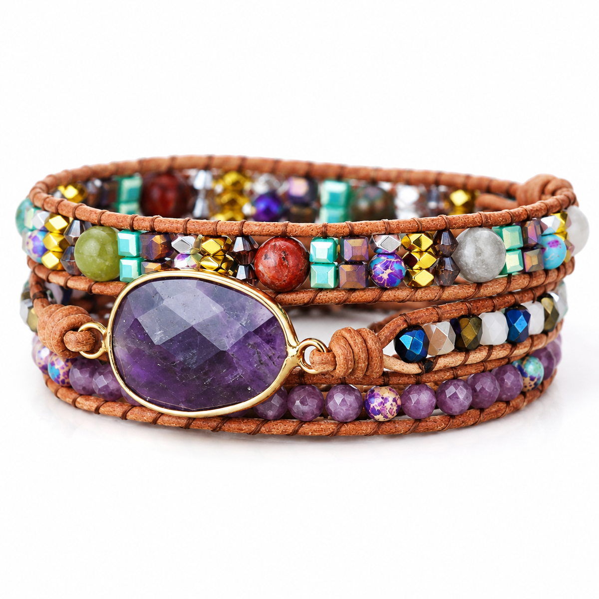 Bracelet Améthyste Bohème, bracelet multitour en cuir à perles multicolores et améthyste facettée