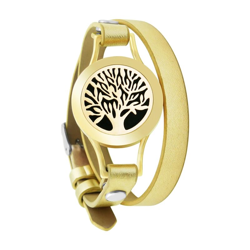 Bracelet diffuseur huile essentielle Arbre doré, médaillon ajouré arbre de vie sur double tour de cuir métallisé