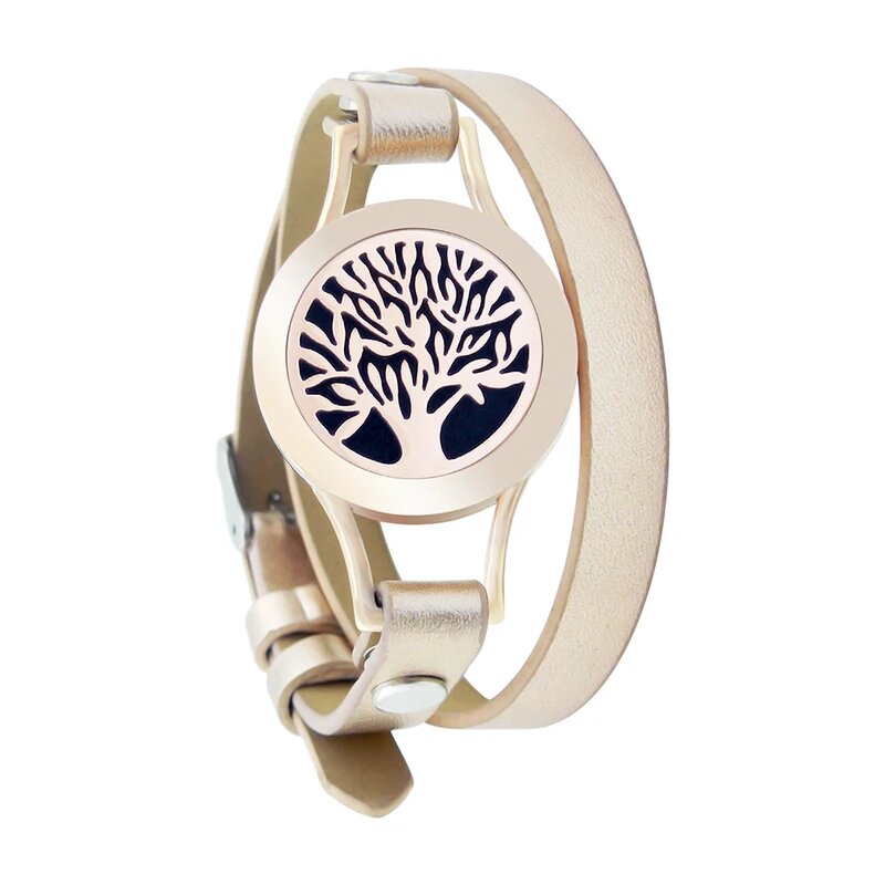 Bracelet diffuseur huile essentielle Arbre rose gold, médaillon ajouré arbre de vie sur double tour de cuir métallisé