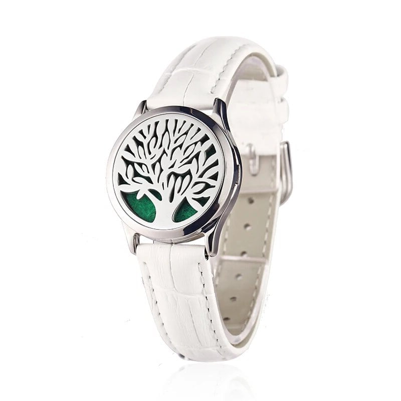 Bracelet diffuseur huile essentielle cuir blanc Arbre argenté, médaillon arbre de vie sur bracelet en cuir blanc à boucle