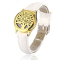 Bracelet diffuseur huile essentielle cuir blanc Arbre doré, médaillon arbre de vie sur bracelet en cuir blanc à boucle