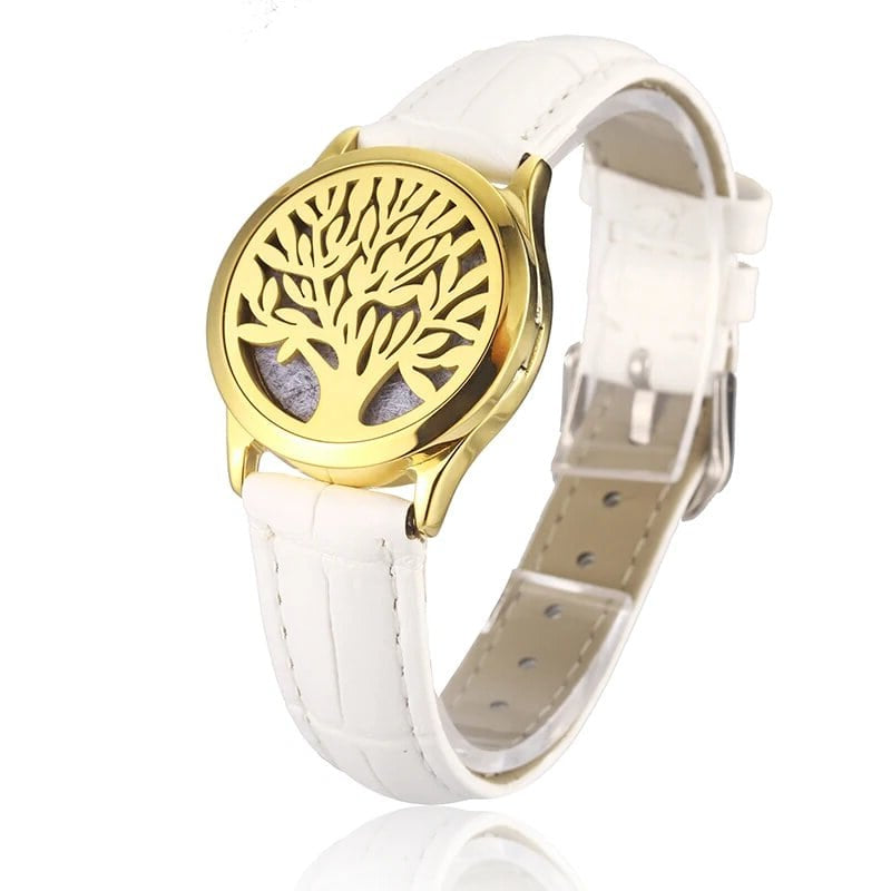 Bracelet diffuseur huile essentielle cuir blanc Arbre doré, médaillon arbre de vie sur bracelet en cuir blanc à boucle