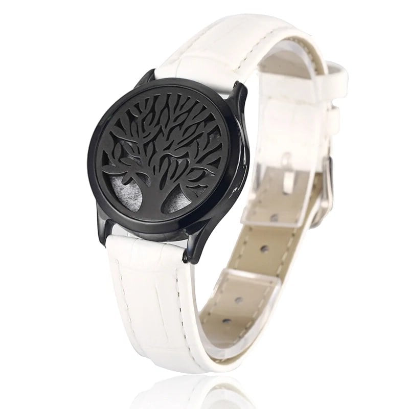 Bracelet diffuseur huile essentielle cuir blanc Arbre, médaillon arbre de vie sur bracelet en cuir blanc à boucle