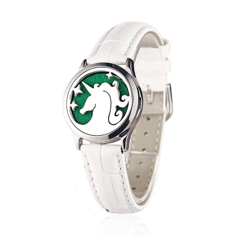 Bracelet diffuseur huile essentielle cuir blanc Licorne argenté, médaillon tête de licorne et étoiles sur bracelet en cuir blanc