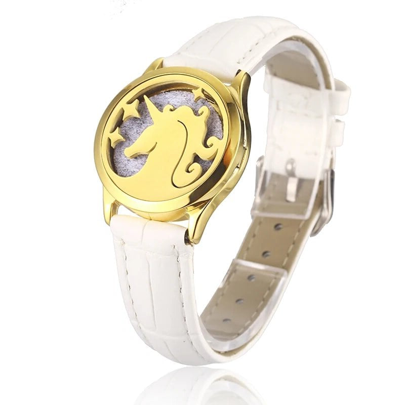 Bracelet diffuseur huile essentielle cuir blanc Licorne doré, médaillon tête de licorne et étoiles sur bracelet en cuir blanc