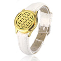 Bracelet diffuseur huile essentielle cuir blanc Octa, médaillon doré fleur de vie sur bracelet en cuir blanc