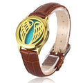Bracelet diffuseur huile essentielle cuir marron Angel, médaillon ailes d’ange dorées sur bracelet en cuir marron