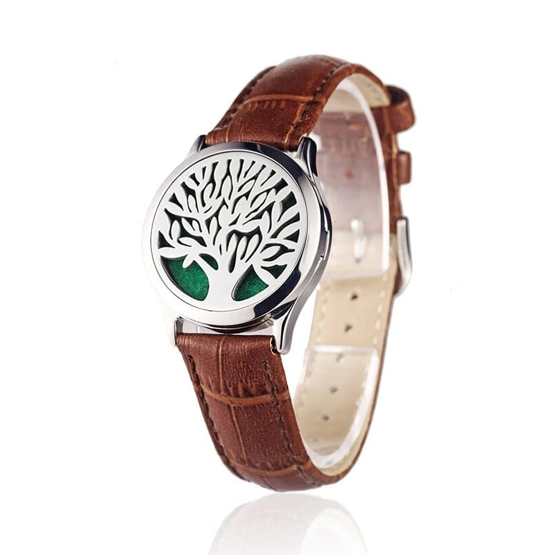 Bracelet diffuseur huile essentielle cuir marron Arbre argenté, médaillon arbre de vie sur bracelet en cuir marron