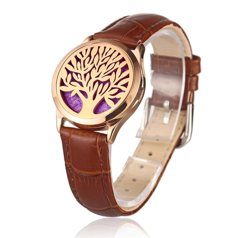 Bracelet diffuseur huile essentielle cuir marron Arbre rose gold, médaillon arbre de vie sur bracelet en cuir marron