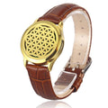 Bracelet diffuseur huile essentielle cuir marron Octa, médaillon doré fleur de vie sur bracelet en cuir marron