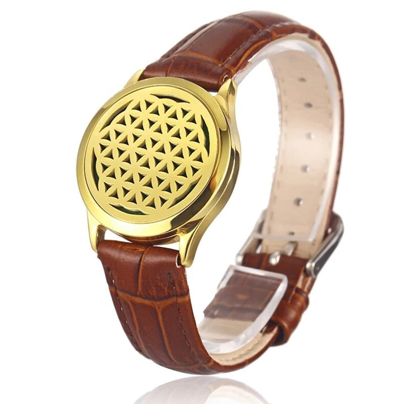Bracelet diffuseur huile essentielle cuir marron Octa, médaillon doré fleur de vie sur bracelet en cuir marron