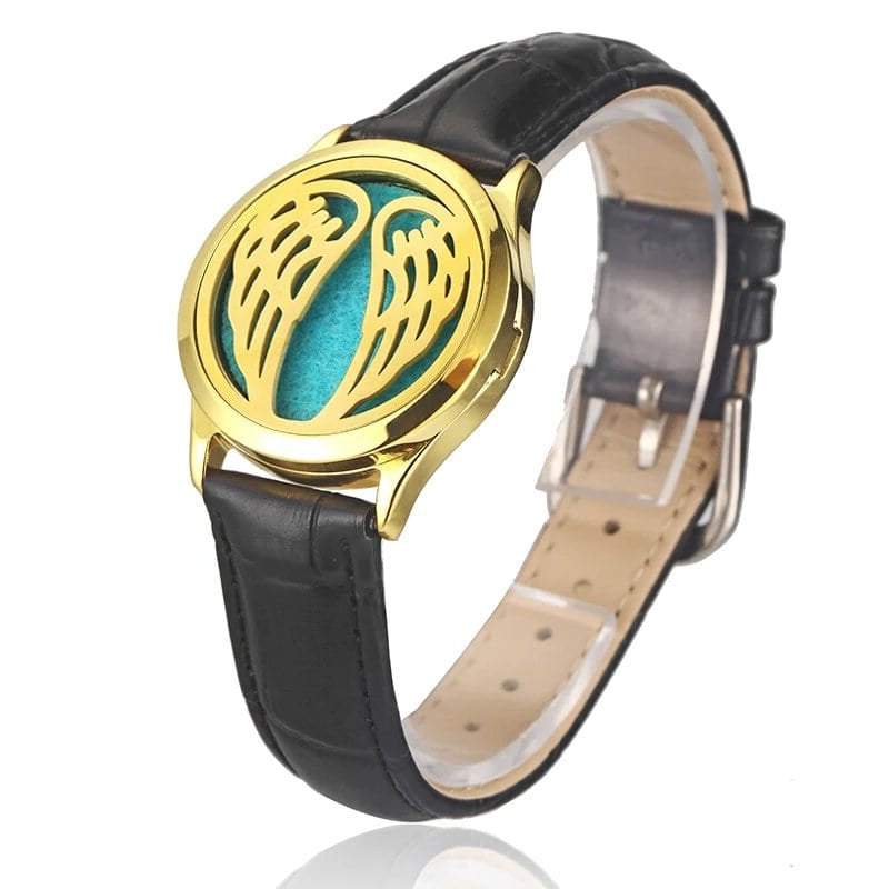 Bracelet diffuseur huile essentielle cuir noir Angel, médaillon ailes d’ange dorées sur bracelet en cuir noir