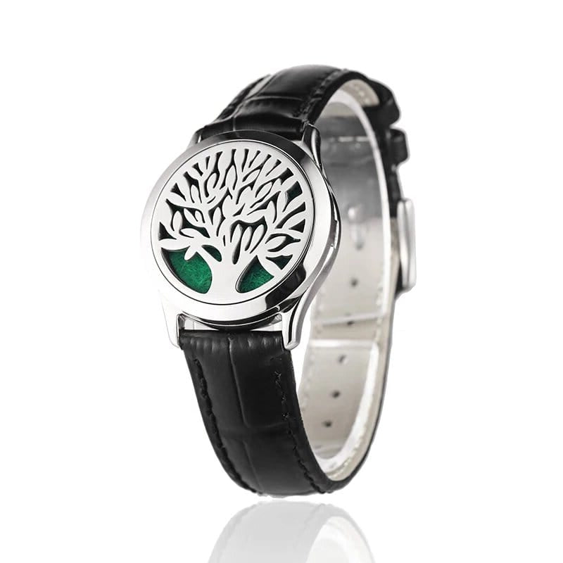 Bracelet diffuseur huile essentielle cuir noir Arbre, médaillon arbre de vie sur bracelet en cuir noir à boucle