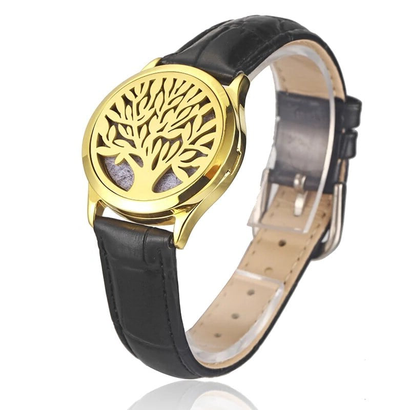 Bracelet diffuseur huile essentielle cuir noir Arbre doré, médaillon arbre de vie sur bracelet en cuir noir à boucle