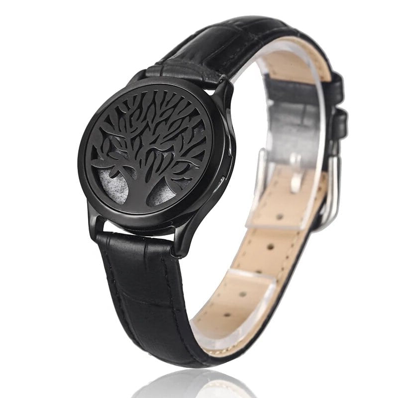 Bracelet diffuseur huile essentielle cuir noir Arbre, médaillon arbre de vie sur bracelet en cuir noir à boucle