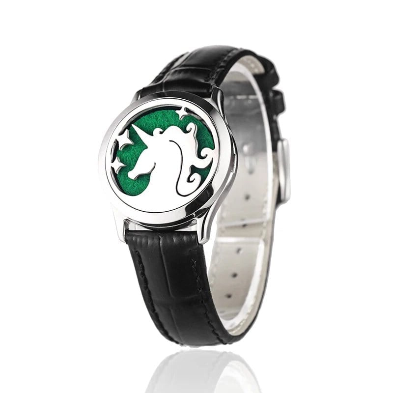 Bracelet diffuseur huile essentielle cuir noir Licorne argenté, médaillon tête de licorne étoilée sur bracelet en cuir noir