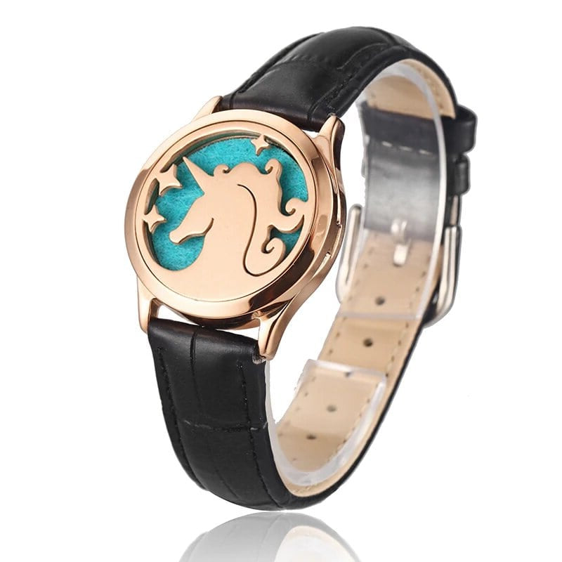 Bracelet diffuseur huile essentielle cuir noir Licorne rose gold, médaillon tête de licorne étoilée sur bracelet en cuir noir