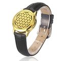 Bracelet diffuseur huile essentielle cuir noir Octa, médaillon doré fleur de vie sur bracelet en cuir noir