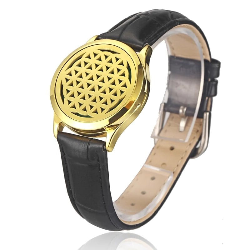 Bracelet diffuseur huile essentielle cuir noir Octa, médaillon doré fleur de vie sur bracelet en cuir noir